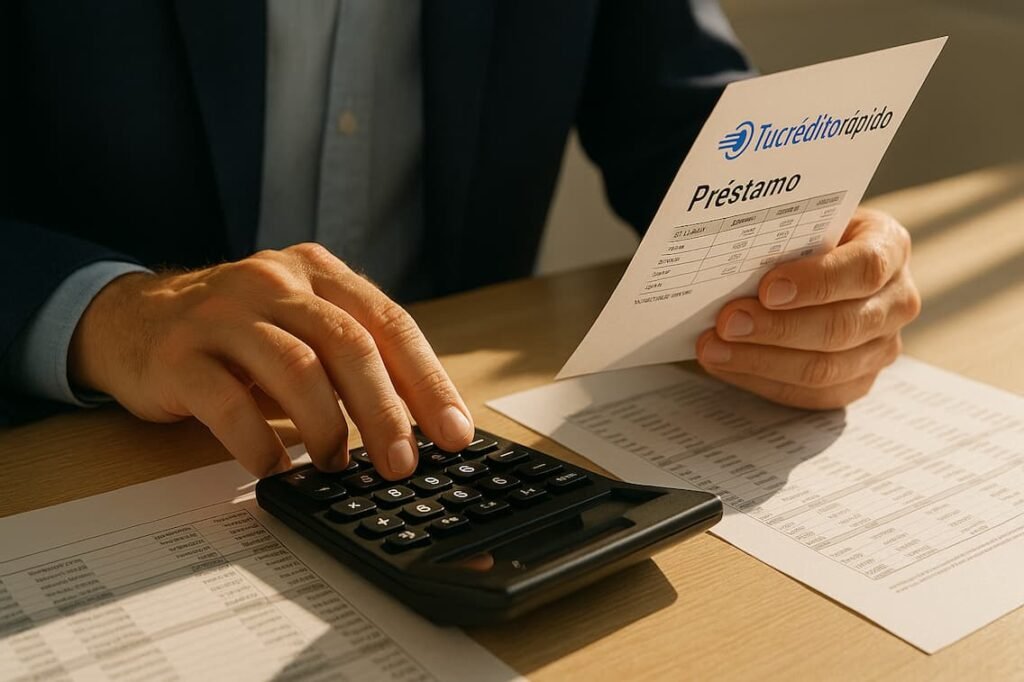 primer plano de unas manos de hombre calculando la cuota de su credito