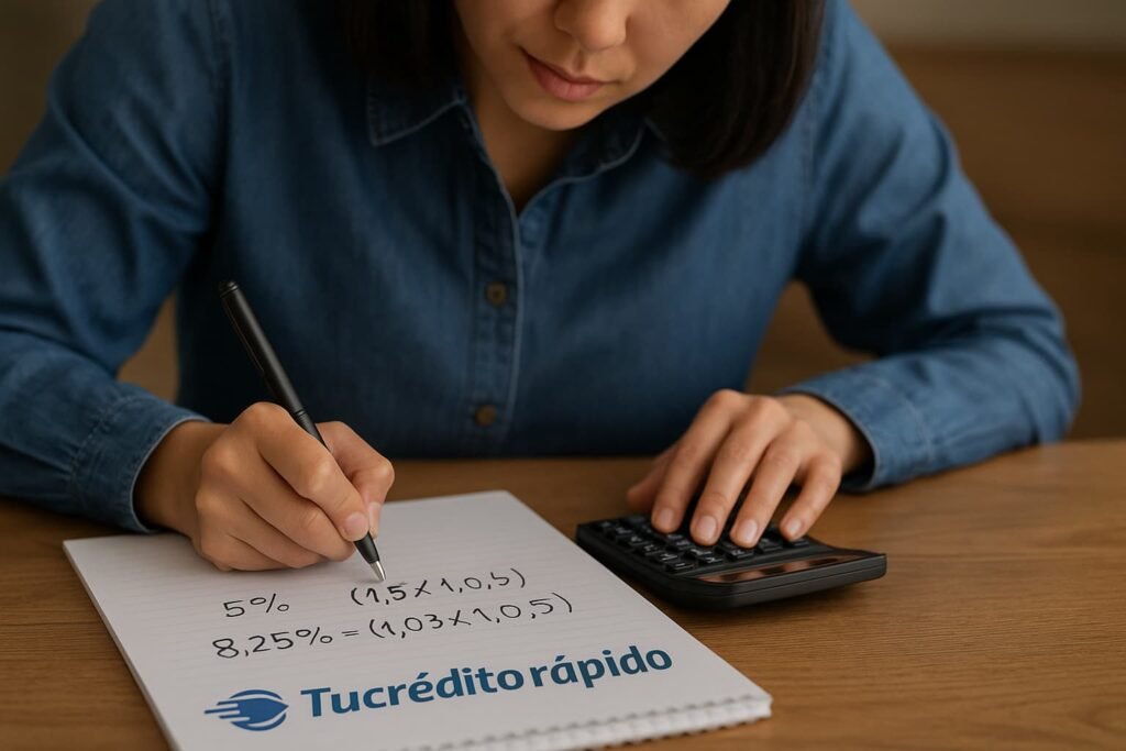 mujer calculando tipos de interes sobre papel